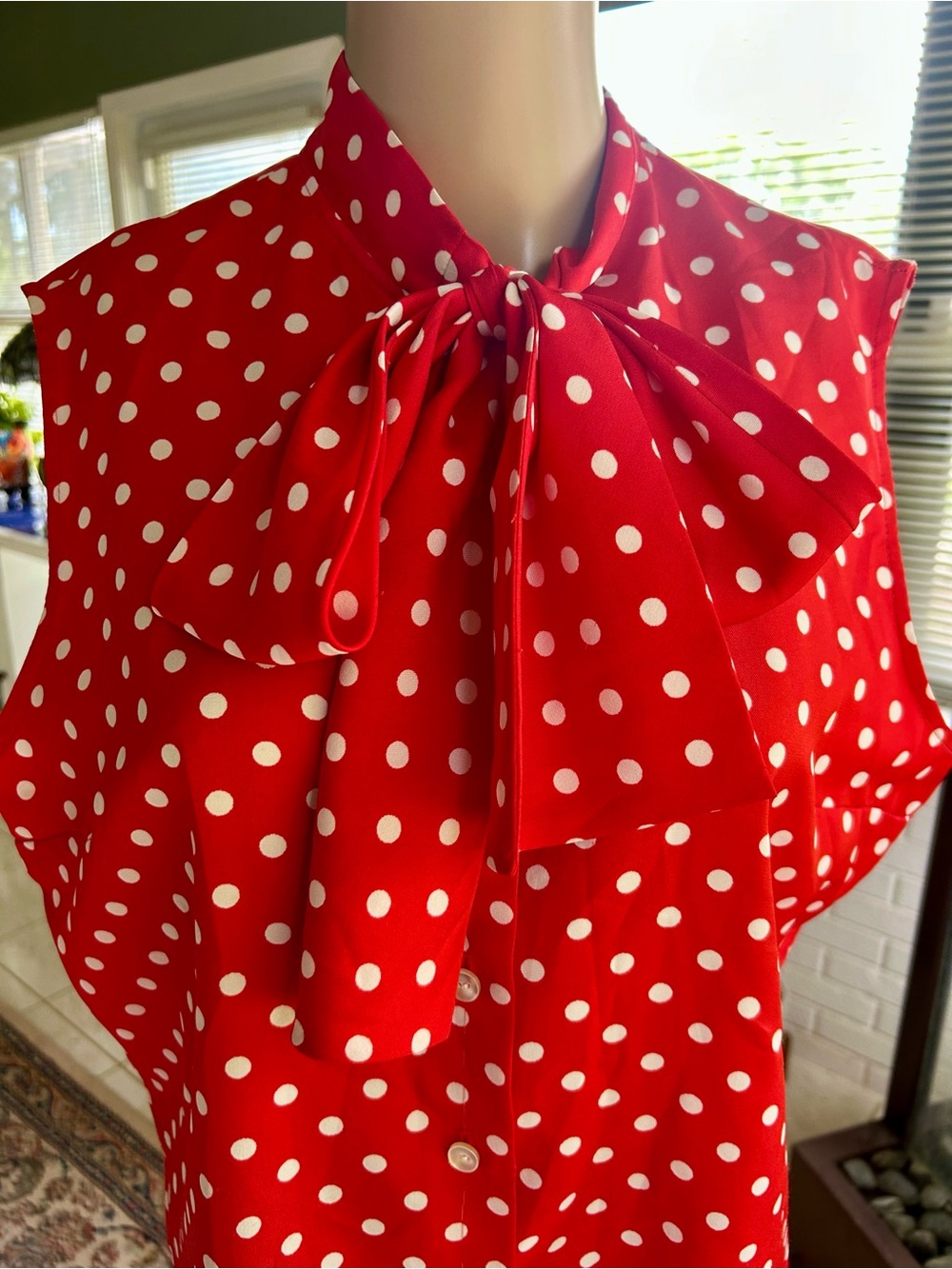 Judy Bond silky Red Polka Dot Bow Tie Sleeveless Blouse